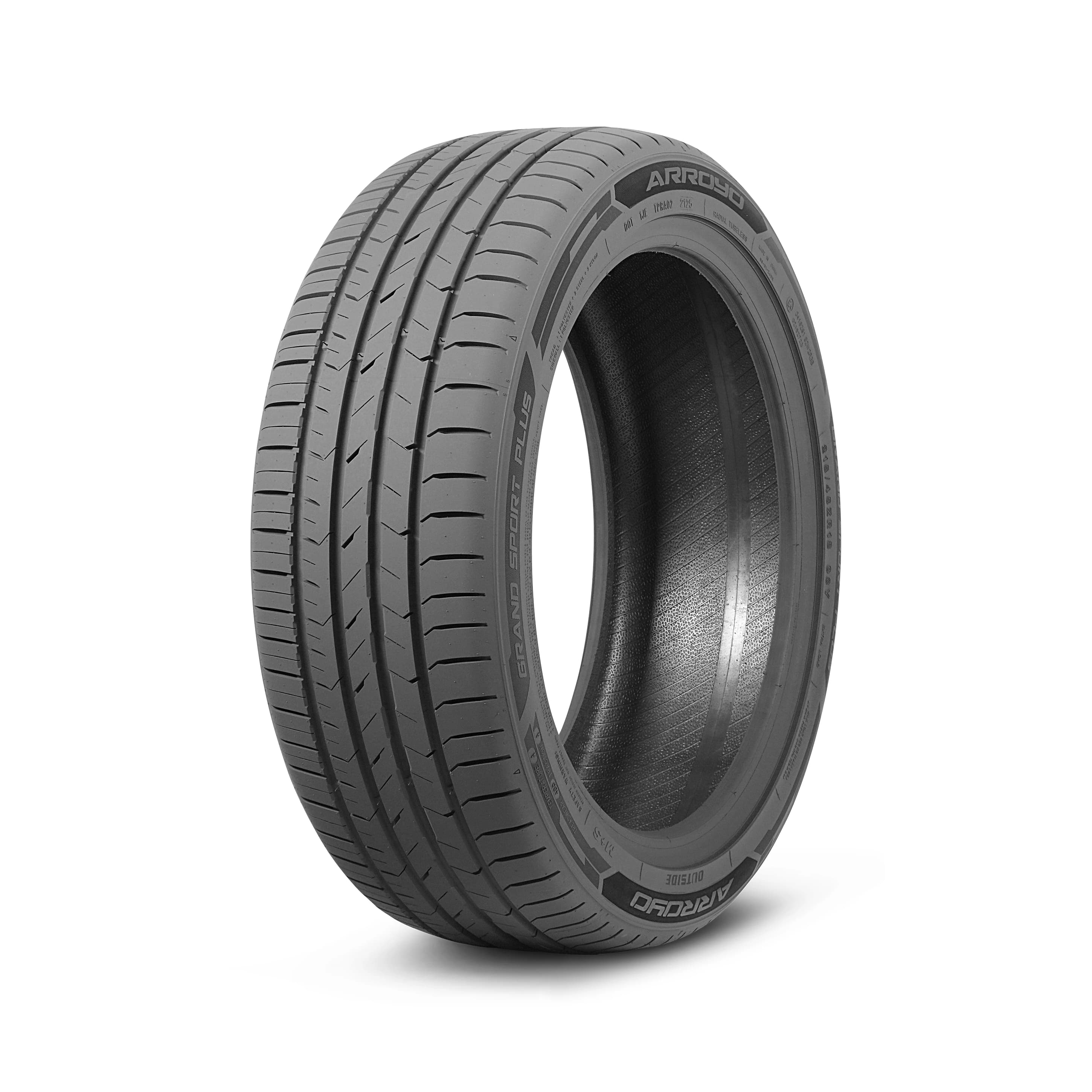 Arroyo Grand Sport Plus tyre — three-quarter studio view with Arroyo and Grand Sport Plus sidewall lettering