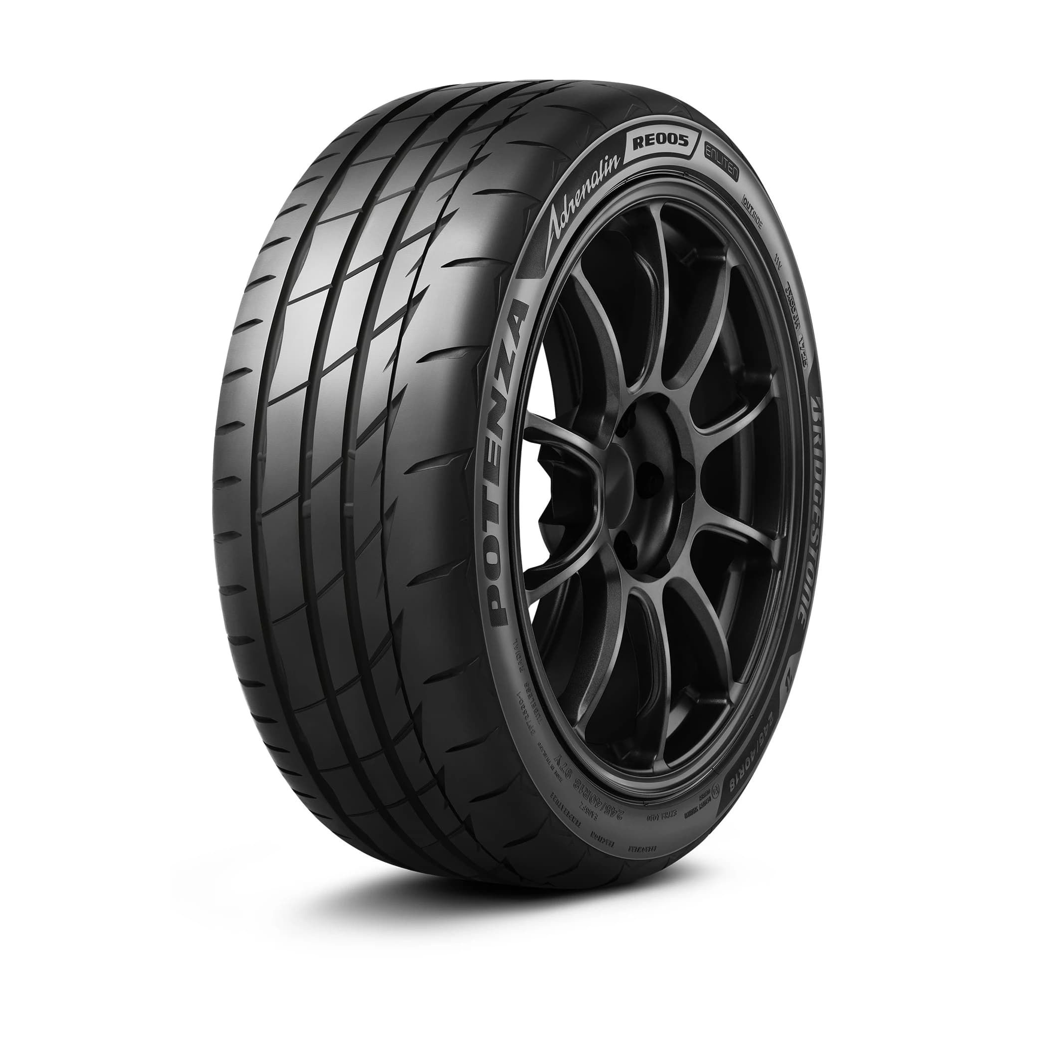 Bridgestone Potenza Adrenalin RE005 tyre — front three-quarter studio view