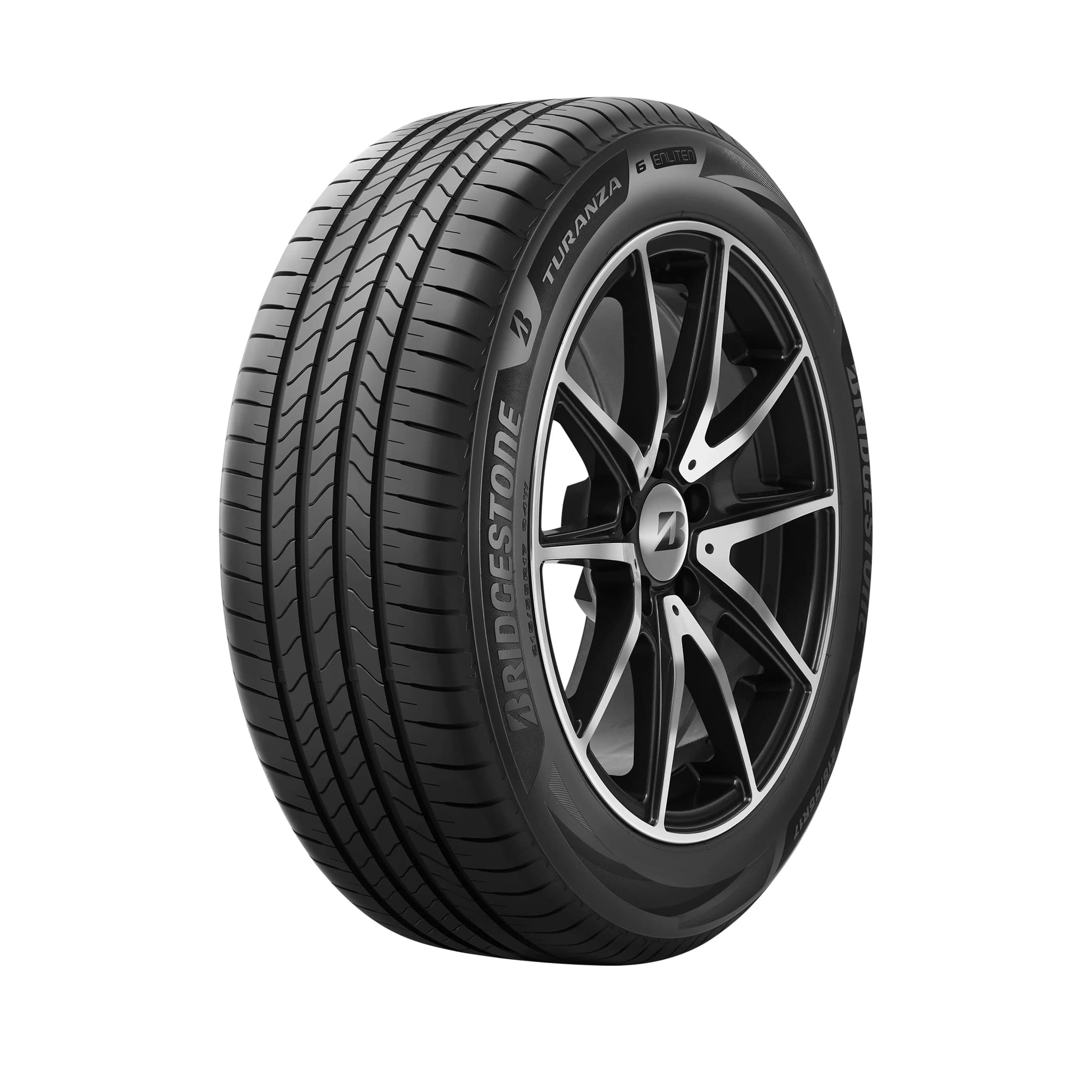 Bridgestone Turanza 6 tyre — three-quarter studio view with TURANZA 6 ENLITEN sidewall lettering