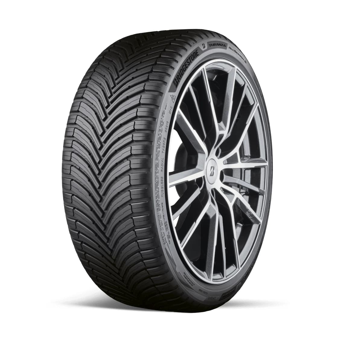 Bridgestone Turanza All Season 6 tyre — three-quarter studio view with TURANZA ALLSEASON 6 sidewall lettering
