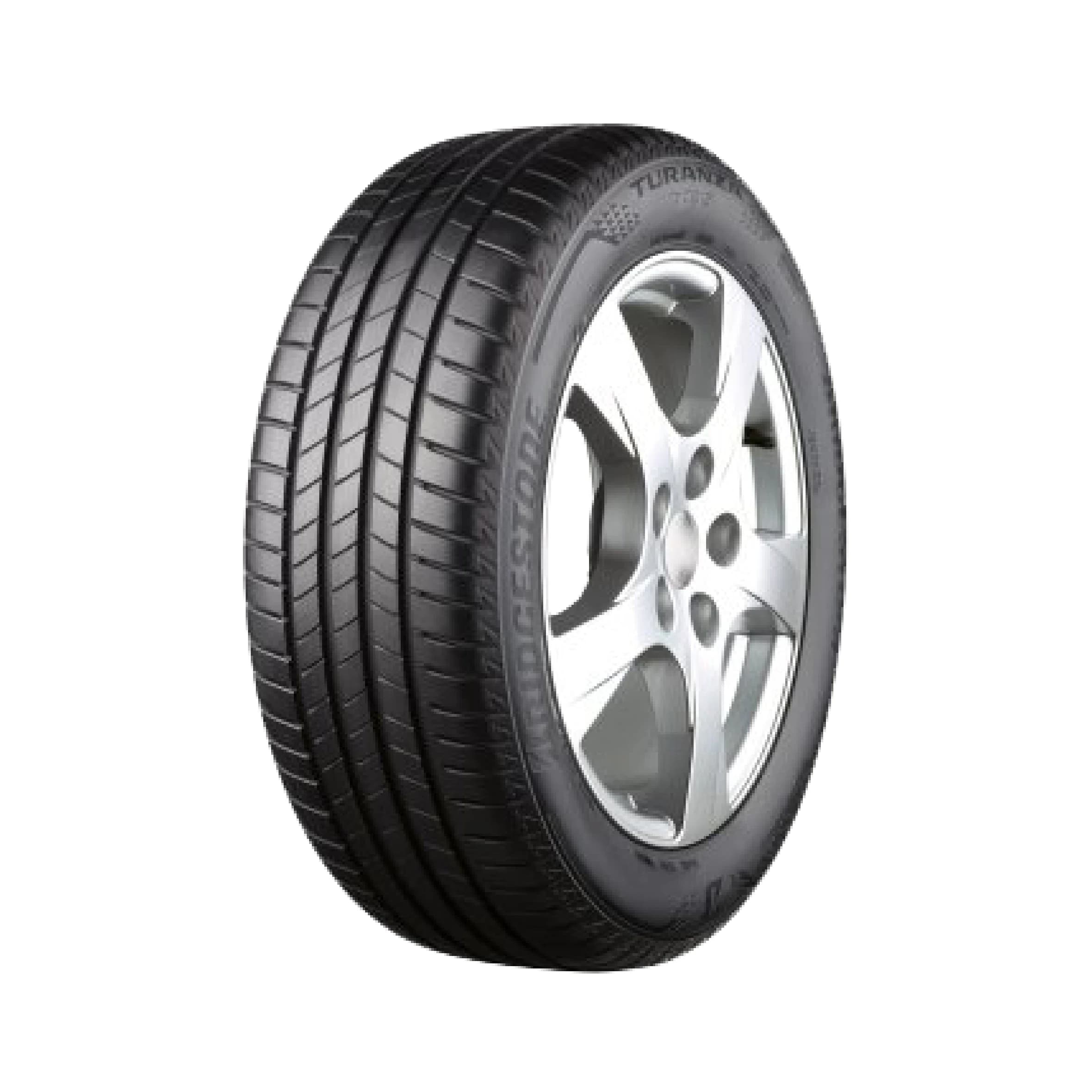 Bridgestone Turanza T005 tyre — three-quarter studio view with TURANZA sidewall lettering