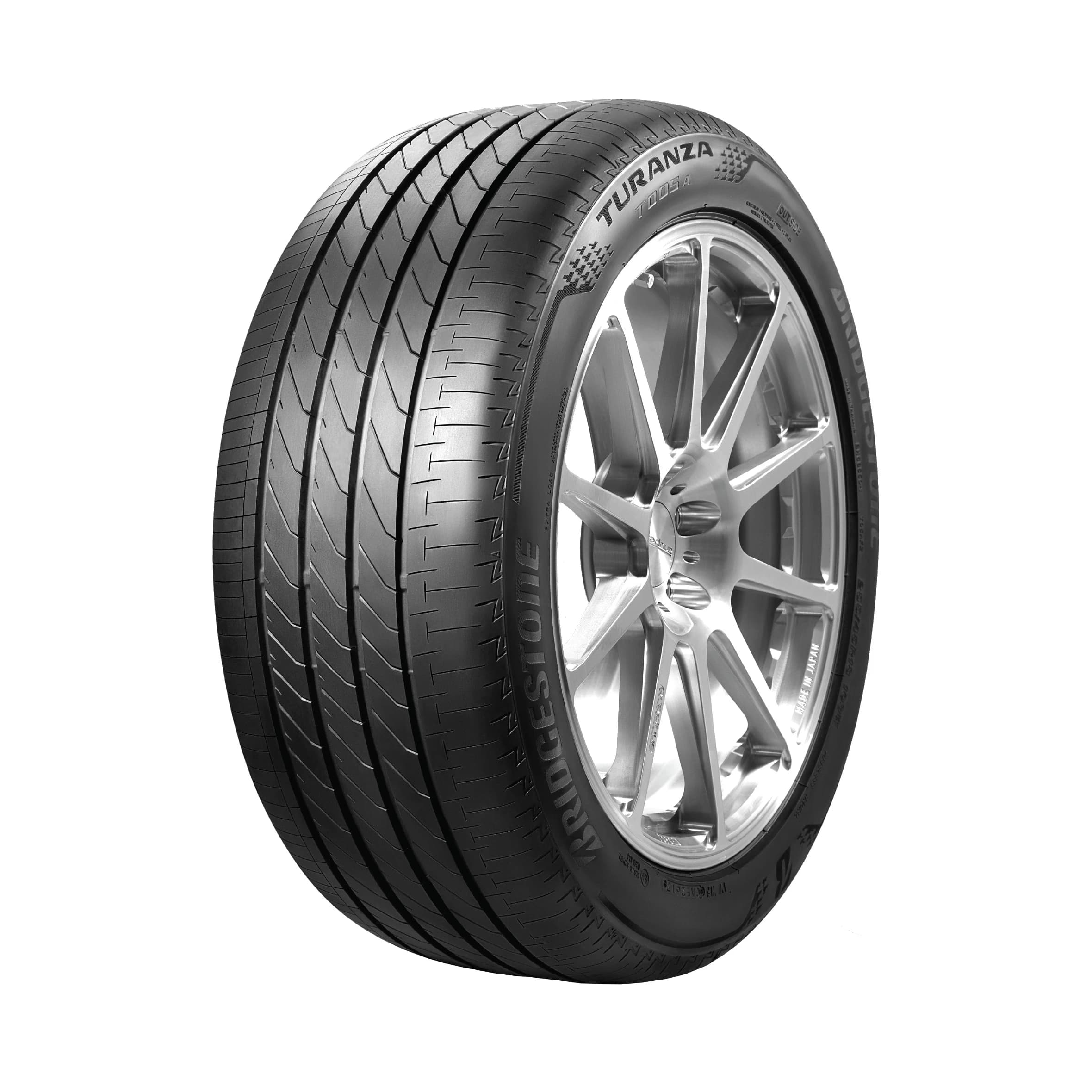 Bridgestone Turanza T005A tyre — three-quarter studio view with Turanza T005A sidewall lettering