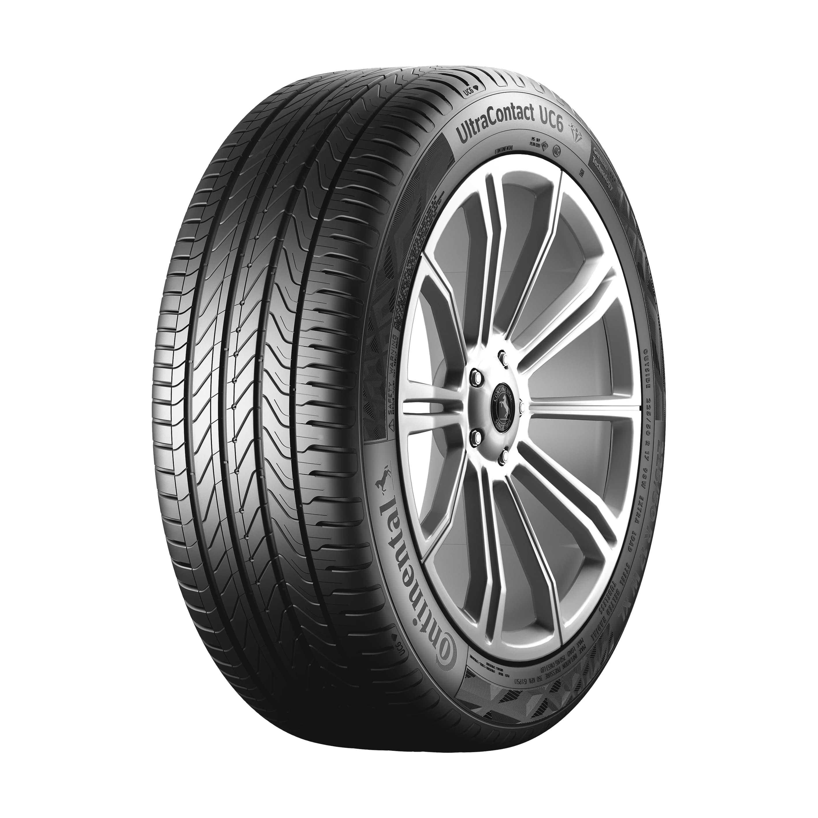 Continental UltraContact UC6 tyre — three-quarter studio view with UltraContact UC6 sidewall lettering