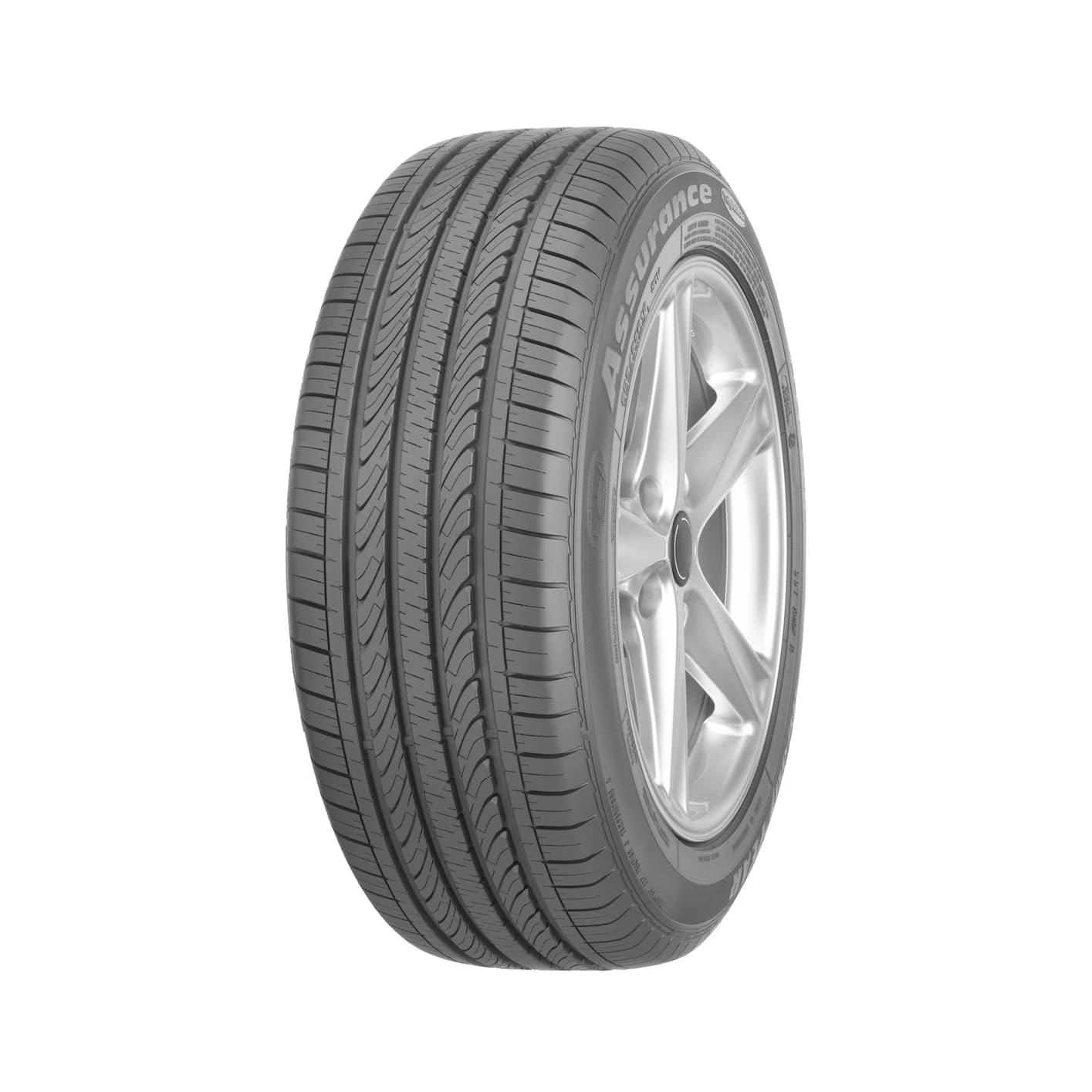 Goodyear Assurance TripleMax tyre — three-quarter studio view with Assurance sidewall lettering