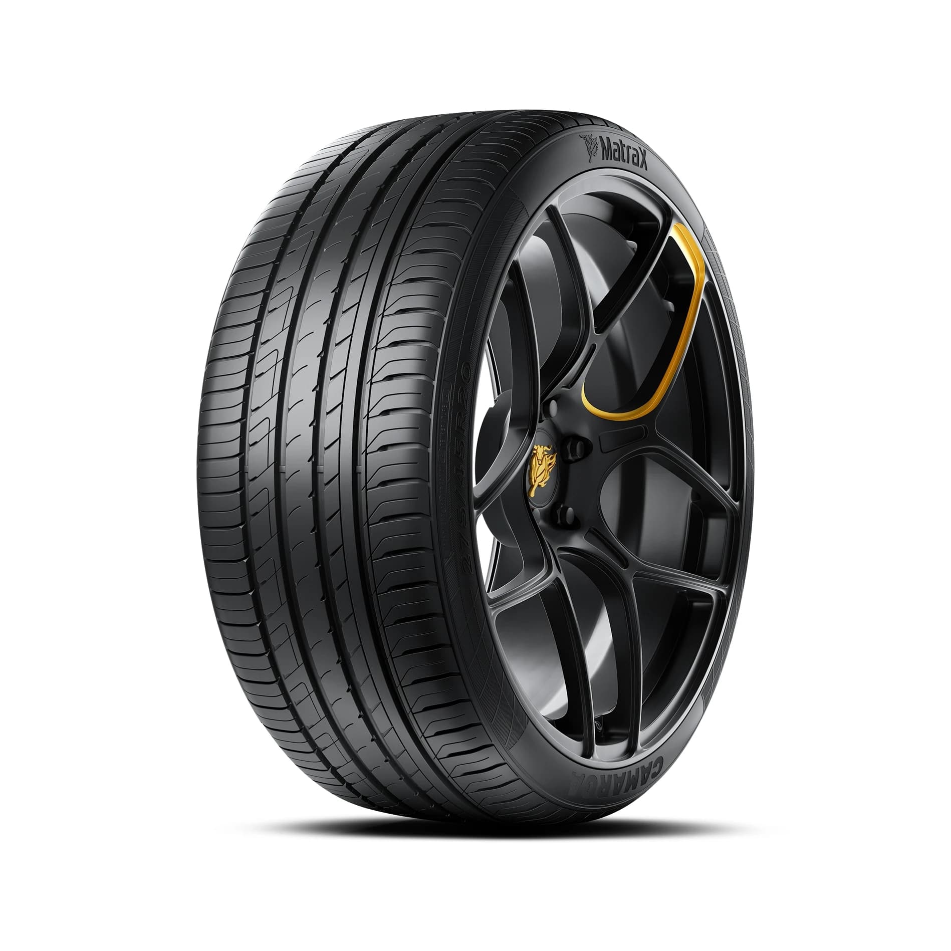 MatraX Camarga tyre — three-quarter studio view with MatraX and Camarga sidewall lettering