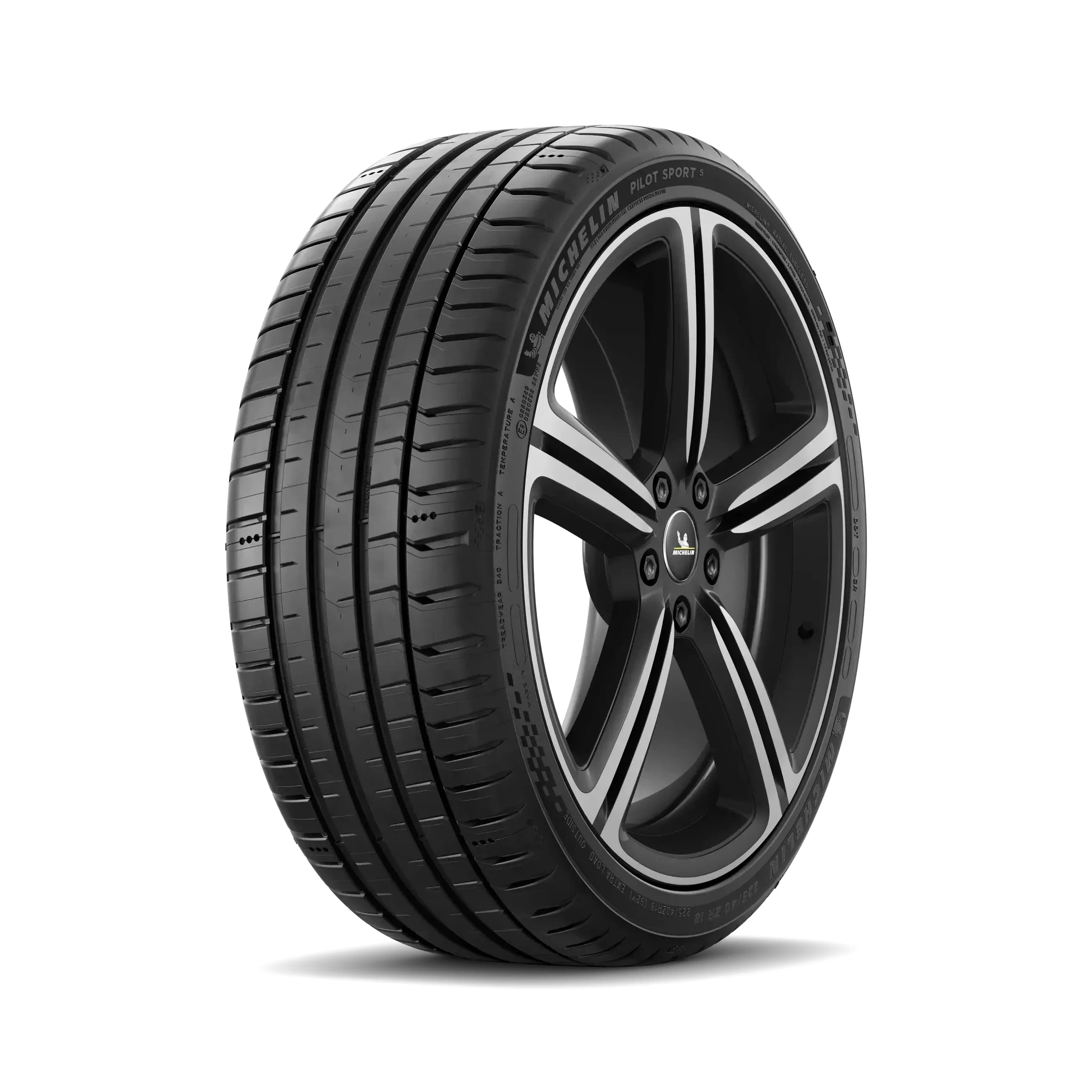 Michelin Pilot Sport 5 tyre — front three-quarter studio view with MICHELIN and Pilot Sport 5 sidewall lettering