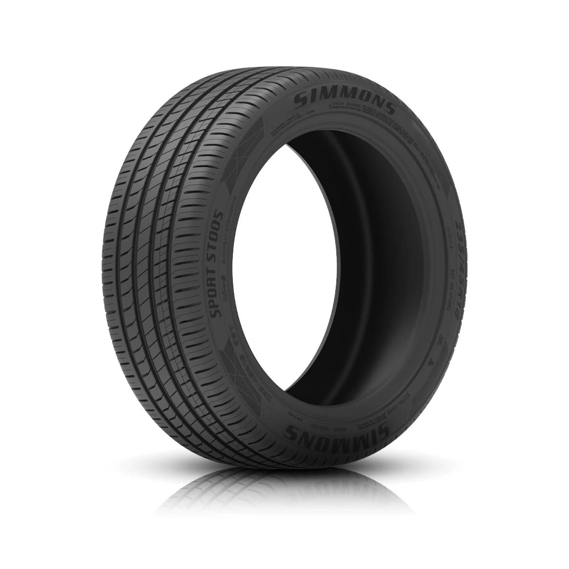 Simmons Sport ST005 tyre — three-quarter studio view with SIMMONS and SPORT ST005 sidewall lettering