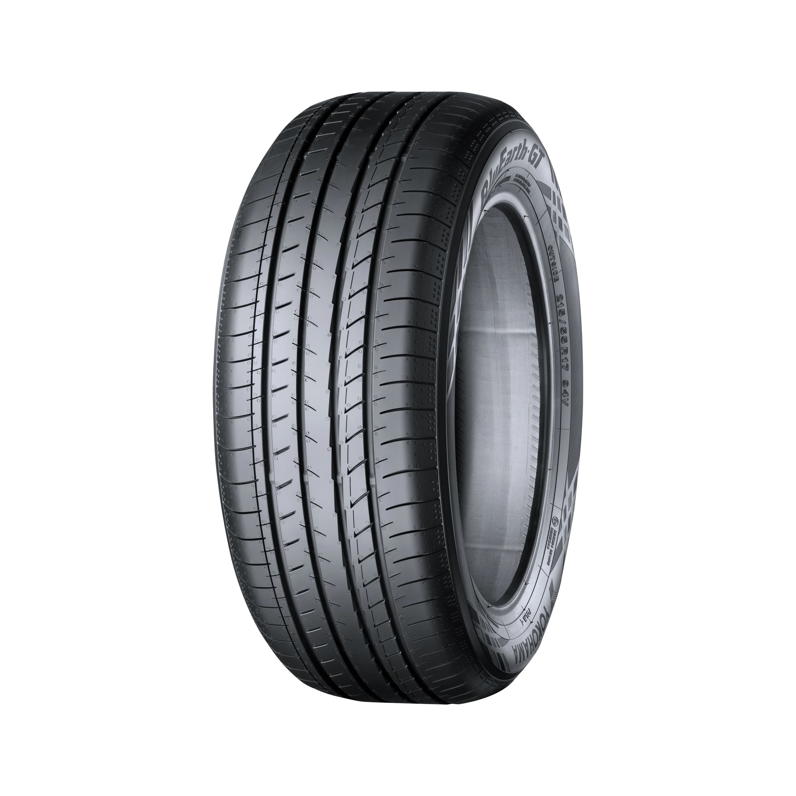 Yokohama BluEarth-GT AE51 tyre in 215/55R17 — three-quarter studio view with the size moulding legible on the sidewall